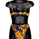 Venus VTG 90s Bikini Swimsuit 4 Pc Set Tops + Bottom + Sarong Blue Yellow Floral Photo 4