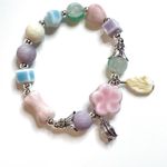 Pink Flower Bracelet Pastel Blue Purple Green Ceramic Beads Silver Stretchy Photo 2