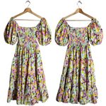 Pinch Puff Sleeve Floral Tiered Midi Dress Womens Small Smocked Boho Cottagecore Pink Photo 1