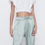 ZARA Women’s Sage Green Satin Jogger Pants Elastic Waist Cuffed Hem Size S Photo 0