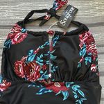 Black Floral Swimsuit Tropical Deep Plunge Backless Halter Size Small NWT#1845 Red Photo 4