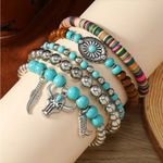 Western Lovely Vibrant‎ Turquoise Stone Beaded Stretch Bracelet Elegant Silver Brown Photo 3