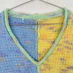 Chunky Hand Knit Pastel Blue Yellow Sweater V Neck Pullover Vintage Homemade XL Photo 2