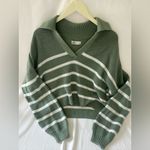 Hollister  women’s size large ribbed green and white striped sweater with collar Photo 0