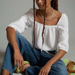 Cloth & Stone Anthropologie Square-Neck Smocked White Blouse Size Medium 2412 Photo 0