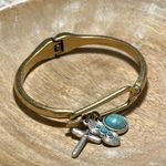 Lucky Brand Gold Hinged Turquoise Charm Bangle Bracelet Photo 6