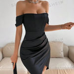 SheIn XS / Small Black Satin Corset Ruched Cap Sleeve Tulip Hem Mini Dress Photo 2