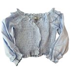 ZARA Smocked Ruffle Cropped Blouse Off Shoulder Long Sleeve Light Blue Size S Photo 1