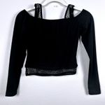 Cider Black Long Sleeve Crop Top XS Cold Shoulder Rose Graphic Mesh Y2K Goth Photo 4