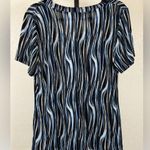 JM Collection Women’s Chic Modern Abstract Blue Black Blouse Stretchy Knit Chic Shirt Large Photo 4