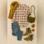 Treasure & Bond NWT Plaid long Sleeve Boyfriend Shirt Size Small Cream Burgundy Photo 1