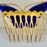 Vintage Enamel Butterfly Floral Hair Comb Gold Blue Photo 3