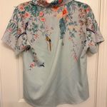 Green Tropical Bird Floral Button Up Shirt L Resort Vacation Retro Boho Blouse Blue Size L Photo 3