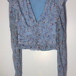 Endless Rose  Blue Floral Ruffle Blouse Cropped size‎ M sheer sleeves Photo 0