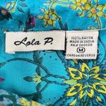 Lola P. Floral Button Down Top Long Sleeve Ruffle Hem‎ Bohemian Teal Size Medium Blue Photo 4