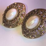 Vintage Brass/ Darker Gold Tone Filigree Faux Pearl Pierced Earrings Photo 3