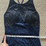 Cache 100% Silk Vintage Beaded Navy Blue Halter cross Strap Open Back Gown Photo 2