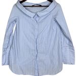 ZARA Oversized Striped Boat Neck Button Down Collar Shirt Long Sleeve XS Blue Photo 10