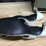 Black Suede Studio Heels Women's 7.5 White Leather Crystal Embellished Sandal Photo 5