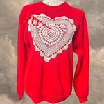 Jerzees Vintage L Red Sweatshirt Crochet Heart Doily Patch Made in USA Valentine Photo 0