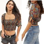 Free People Back On Crop Top Smocked Puff Sleeves Floral Printed XS NWT Photo 2