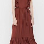 VERO MODA Odette Brown Ruffle Calf Dress NWT Sz M Women’s Polyester Tie Back Photo 5