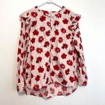 FREE ASSEMBLY Button Shoulder Blouse Long Sleeve Light Pink ? Red Floral Ruffle Size L Photo 1