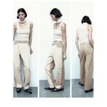 ZARA  Women's Contrasting Trim Crossover Waist Beige Khaki Pants Size M Photo 1