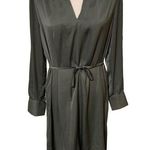 H&M | Green Satin Tie Waist Long Sleeve V Neck Midi Dress Size Medium Photo 0