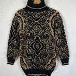 Vintage 80's Pronto Moda Gold Metallic Knit Turtleneck Sweater Women Small‎ Black Photo 0