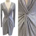 Long Sleeve Plunge V Neckline Metallic Shimmer Mini Dress Silver Size M Photo 1