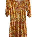 Sunny Leigh  Floral Print Dress Smocked Waist Tie Neck Yellow‎ Pink M Photo 0