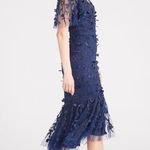 Theia Gretchen Appliqué Sequin Cocktail Dress Navy NWT Size 4 Floral Midi Dress Blue Photo 3
