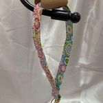 Handmade Colorful Pink and Blue Floral Wristlet Keychain and Bright Pink Pompom Photo 0