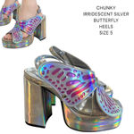 American Vintage CHUNKY SILVER IRRIDESCENT BUTTERFLY‎ SANDALS FESTIVAL HEELS SIZE 5. Photo 0