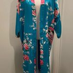 American Vintage VTG 80s Blue & Pink Peacock Floral Full-Length Maxi Kimono Robe - OS Photo 0