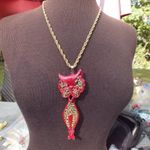 Large Red and Gold Color BOHO Winking Cat Necklace Photo 4