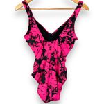 Aqua Green Swimsuit Floral Pink Black Size Small One Piece V-Neck Bathing Suit Photo 1