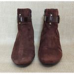 Trendy Brown Suede Leather Antonio Milano Wedge Boots Booties Zip Buckle Size 8 Photo 2