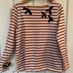 Talbots Red White Striped Holly Berry Embellished Holiday Top 100% Cotton Large Photo 0