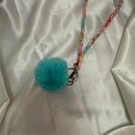 Handmade  Pink and Yellow Floral Wristlet Keychain with Blue Pompom Photo 4