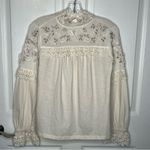 Anthropologie  Sz XS Boho Top High Lace Neck Long Sleeves Metallic Gold Accent Photo 11