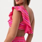 Trina Turk Marai Swimsuit Set One Shoulder Ruffle Pink Striped Padded US 10 NWT Photo 2