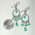 Elegant Silver Tone and Teal Green Beaded Boho Dangle Earrings Photo 2