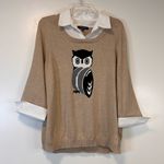 Notations  Tan Owl Print Sweater Faux Collar Cuff Knit Long Sleeve Women’s 1X Photo 1