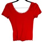 Guess  Red Lace Trim Ribbed Lettuce Hem Short Sleeve Cropped Top Women's M Photo 3