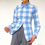Norma Kamali Blue and White Gingham Checked Button Up Vintage Sz XL Photo 0