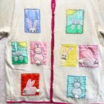 Vintage Patchwork Bunnies Rabbits Cardigan Sweater Button Front Crocheted Lace Pink Size 1X Photo 1