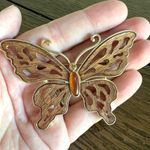 Vintage Beautiful Wooden Gold Style Brass Butterfly Brooch 1970s Signed LC Brown Photo 0