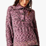 Free People Stellar Textured Knit Button Neck Collared Sweater Pink Soft Large Photo 0